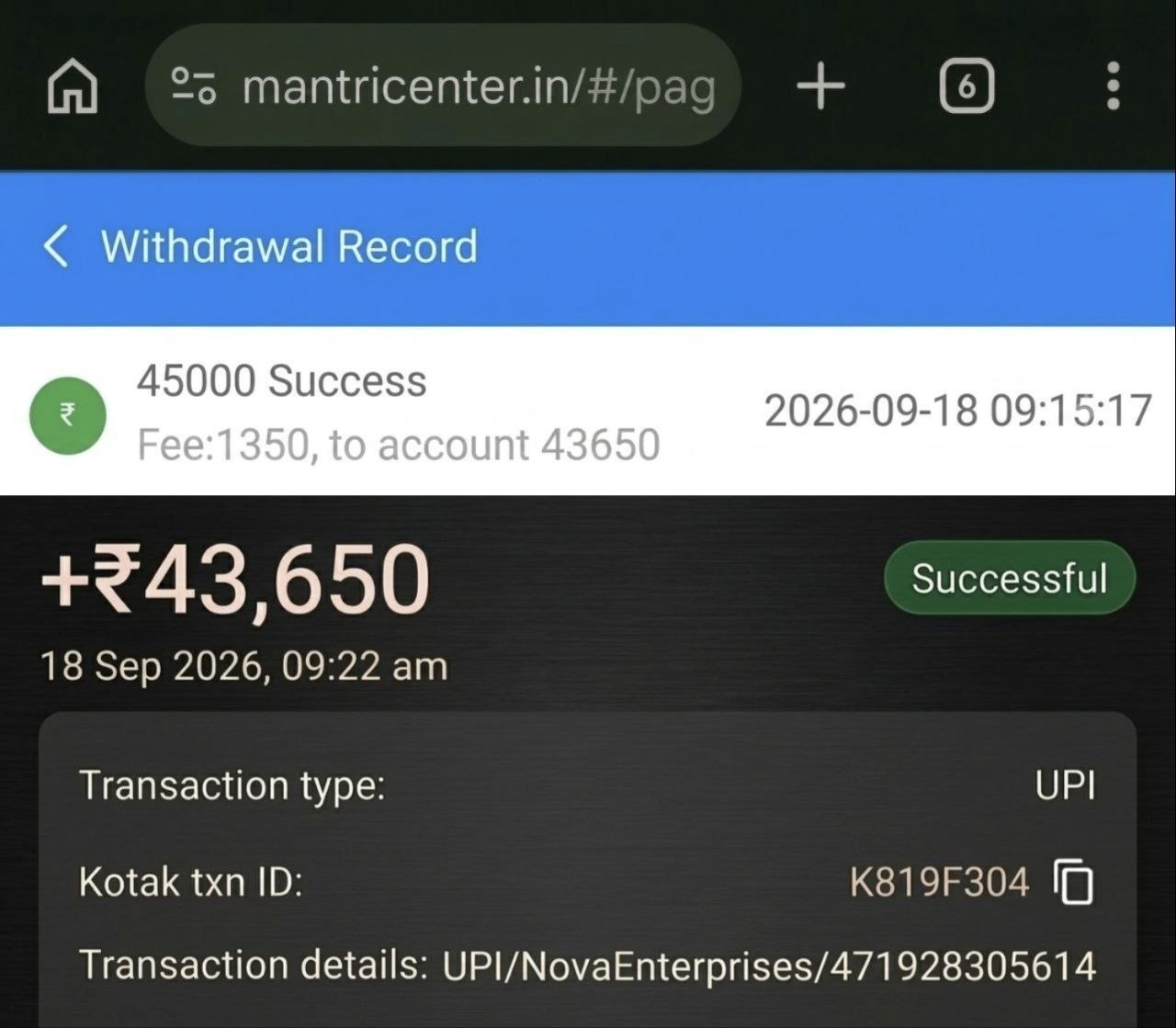 Mantri Mall Successful UPI Withdrawal Proof of 43650 Rupees